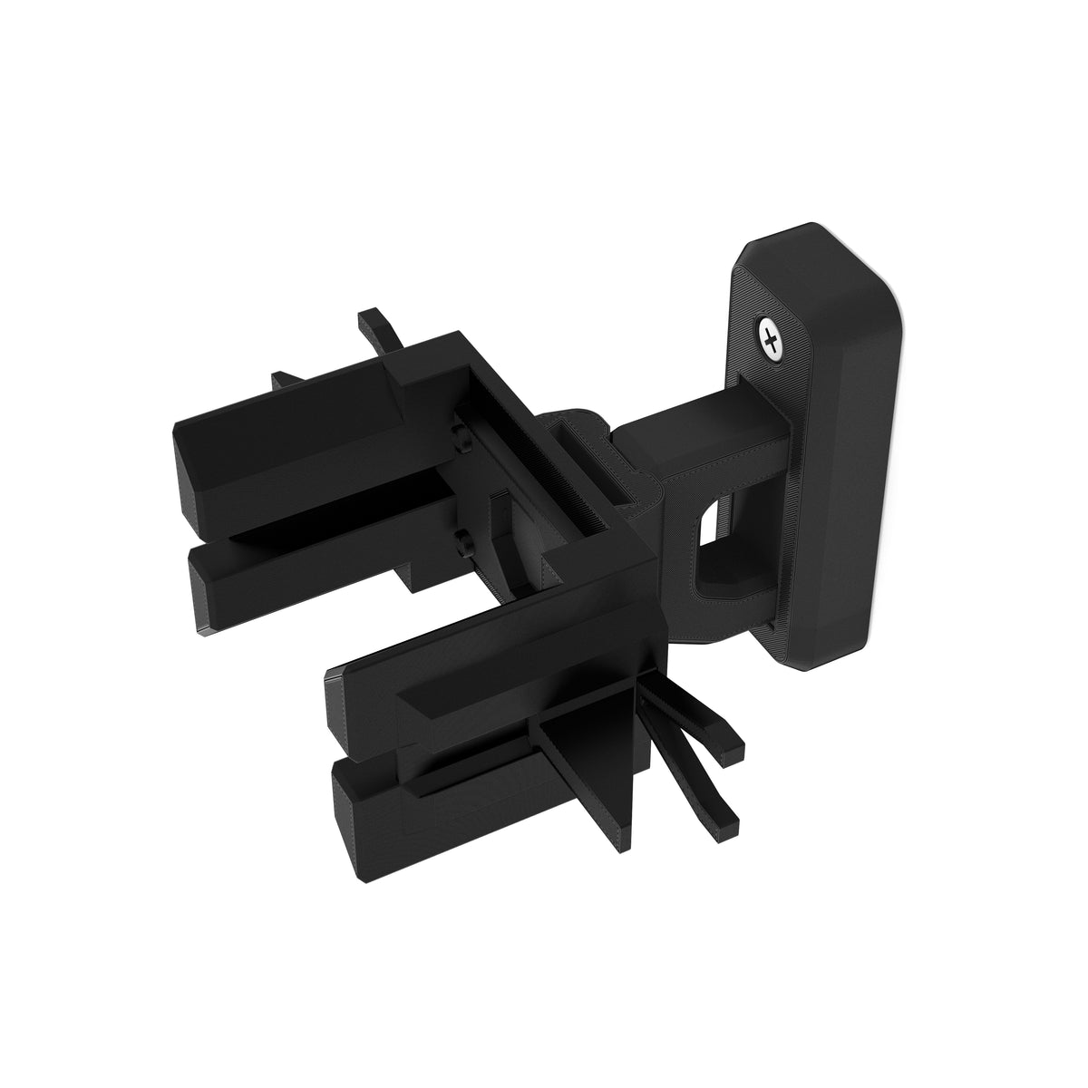 Black wall-mount bracket (close-to-wall version) from another angle, showing its dual gear hinges, on white