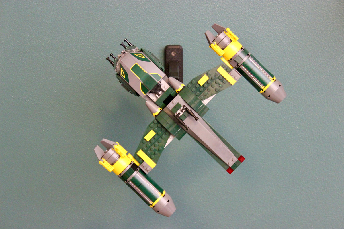 LEGO Bounty Hunter Assault Gunship 7930 tilted on its wall mount, seen from below