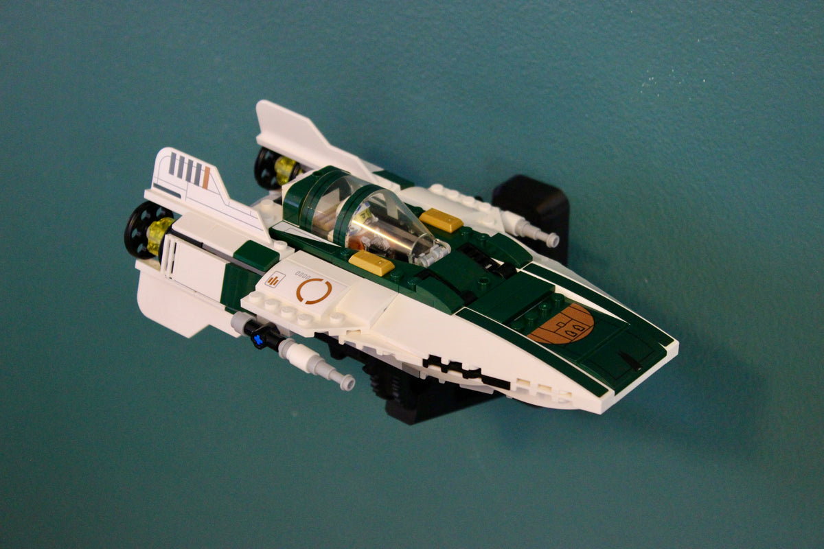 LEGO Resistance A-Wing Starfighter 75248 angled on the wall mount, showing the cockpit