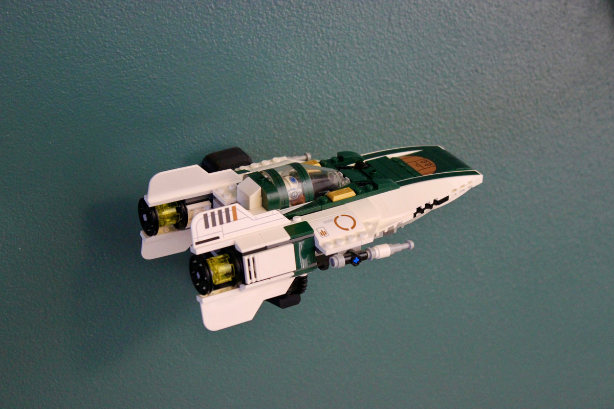LEGO Resistance A-Wing Starfighter 75248 mounted level on the wall, rear three-quarter view