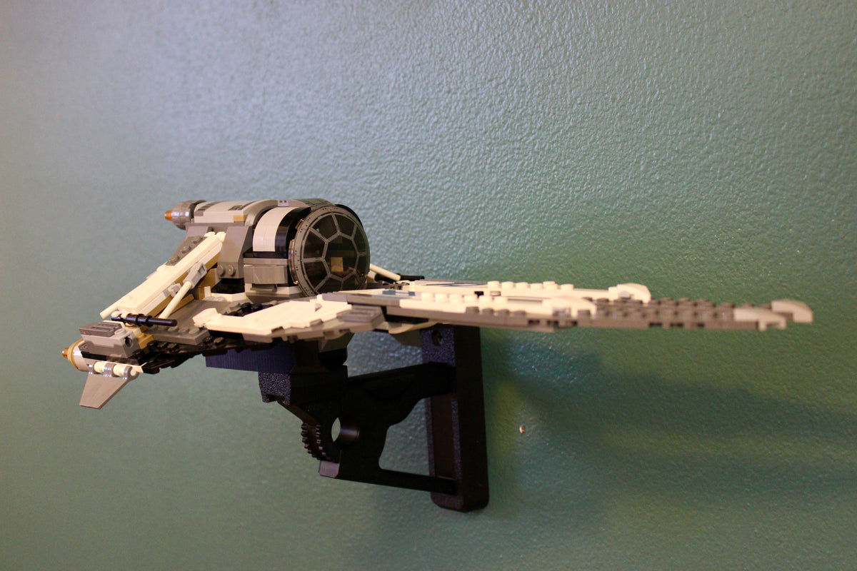 LEGO Black Ace TIE Interceptor 75242 mounted level on the wall, side view showing the black wall mount