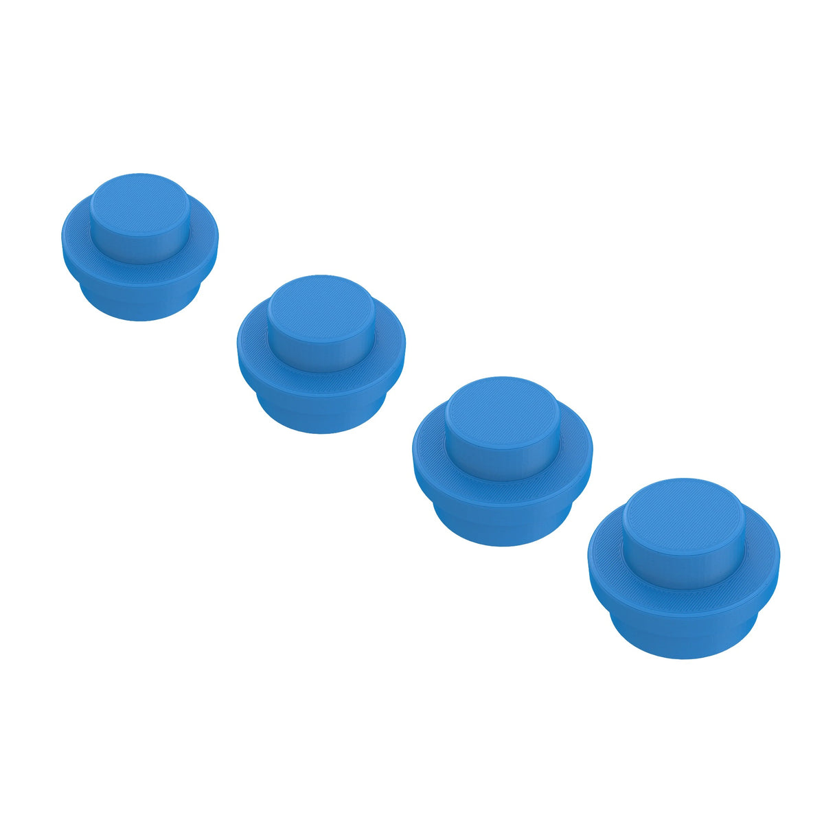 Four giant blue brick studs in a row on a white background