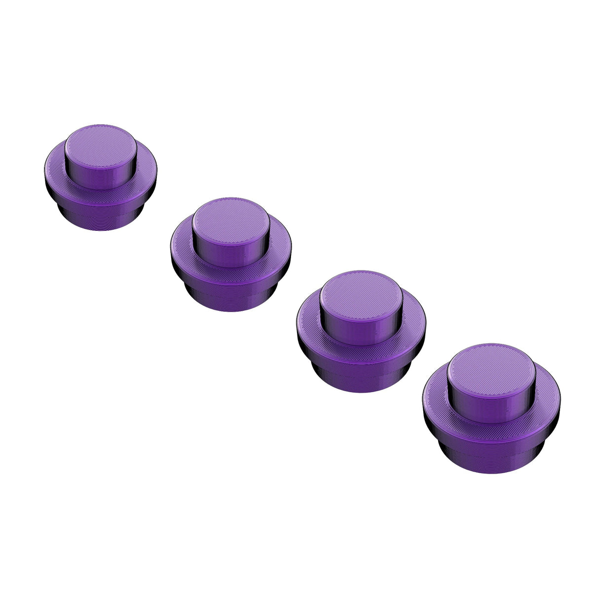 Four giant purple brick studs in a row on a white background