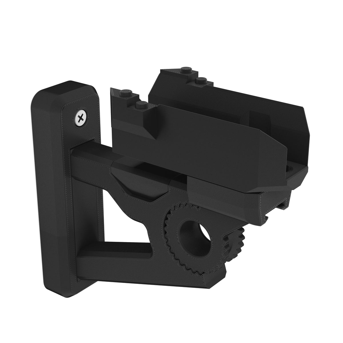 Black wall-mount bracket for the LEGO Star Wars Black Ace TIE Interceptor 75242 with its gear hinge and stud cradle, on white