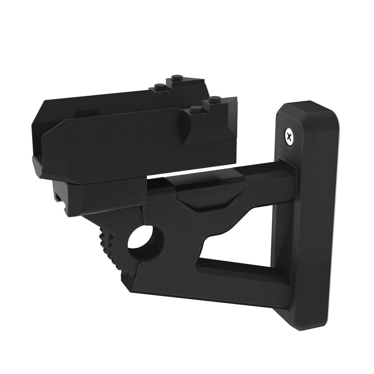 Black wall-mount bracket for the LEGO Star Wars Black Ace TIE Interceptor 75242, seen from the other side, on white