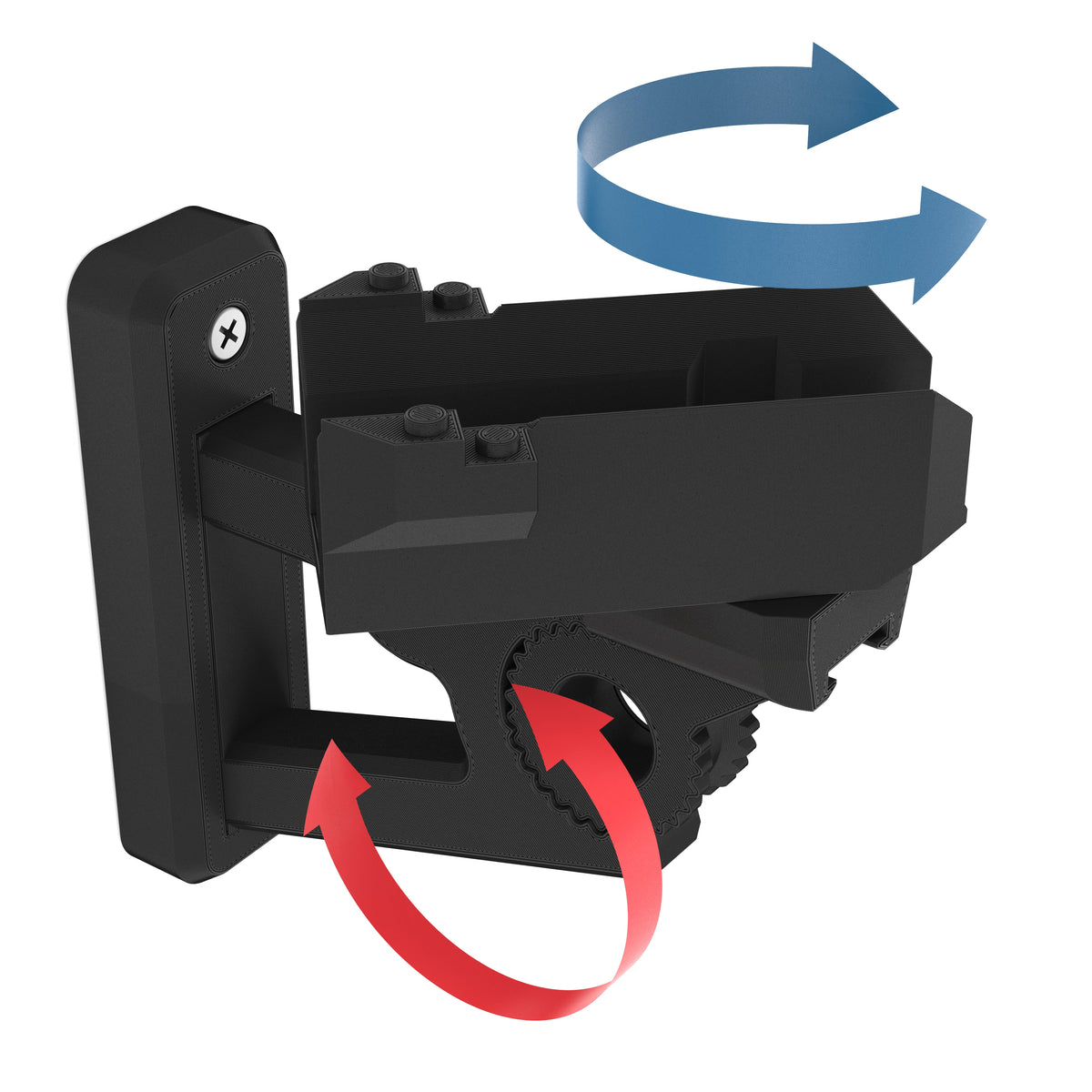 Black wall-mount bracket for the LEGO Star Wars Black Ace TIE Interceptor 75242, with arrows showing its tilt and rotation, on white