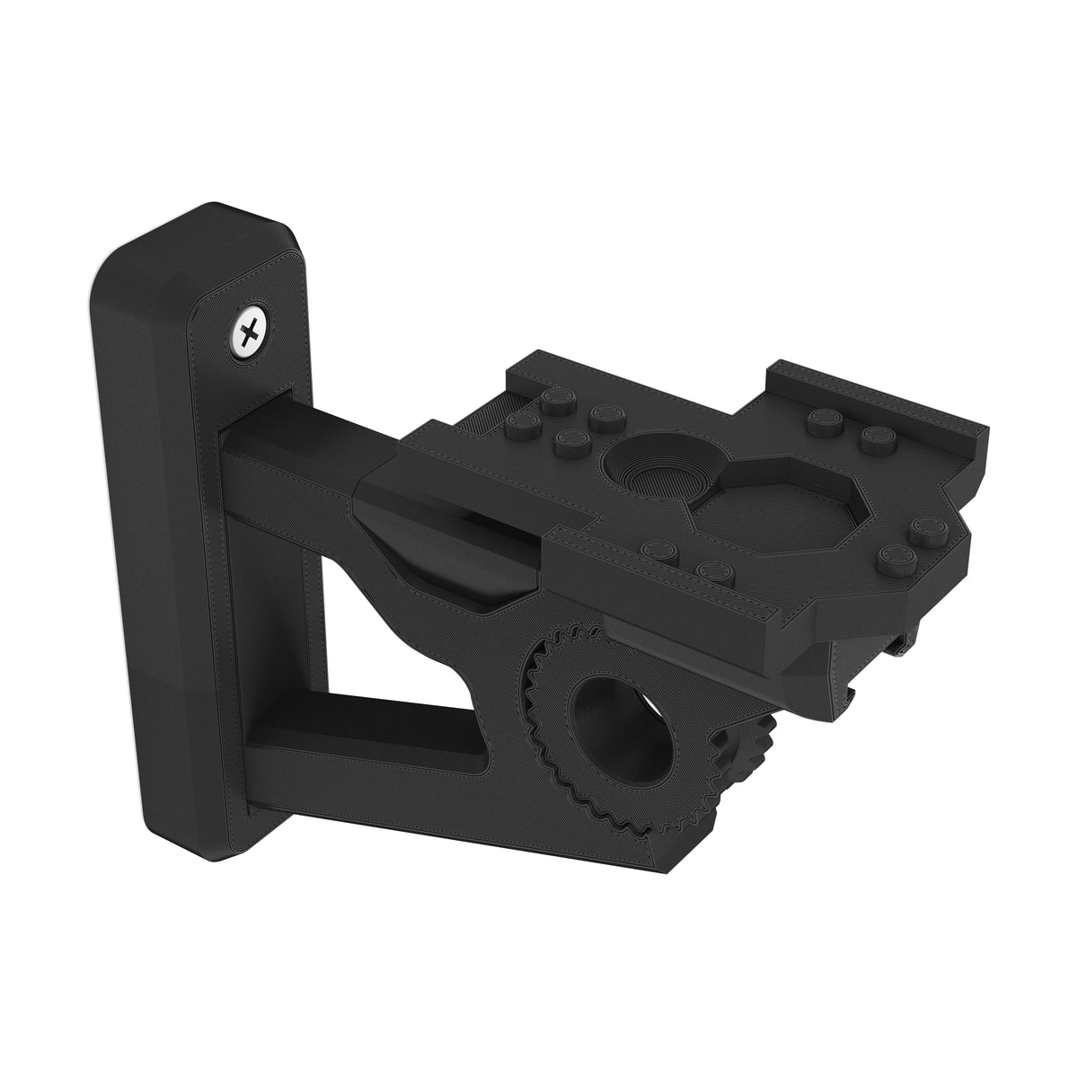 Black wall-mount bracket for the LEGO Star Wars Resistance A-Wing Starfighter 75248 with its gear hinge and stud cradle, on white