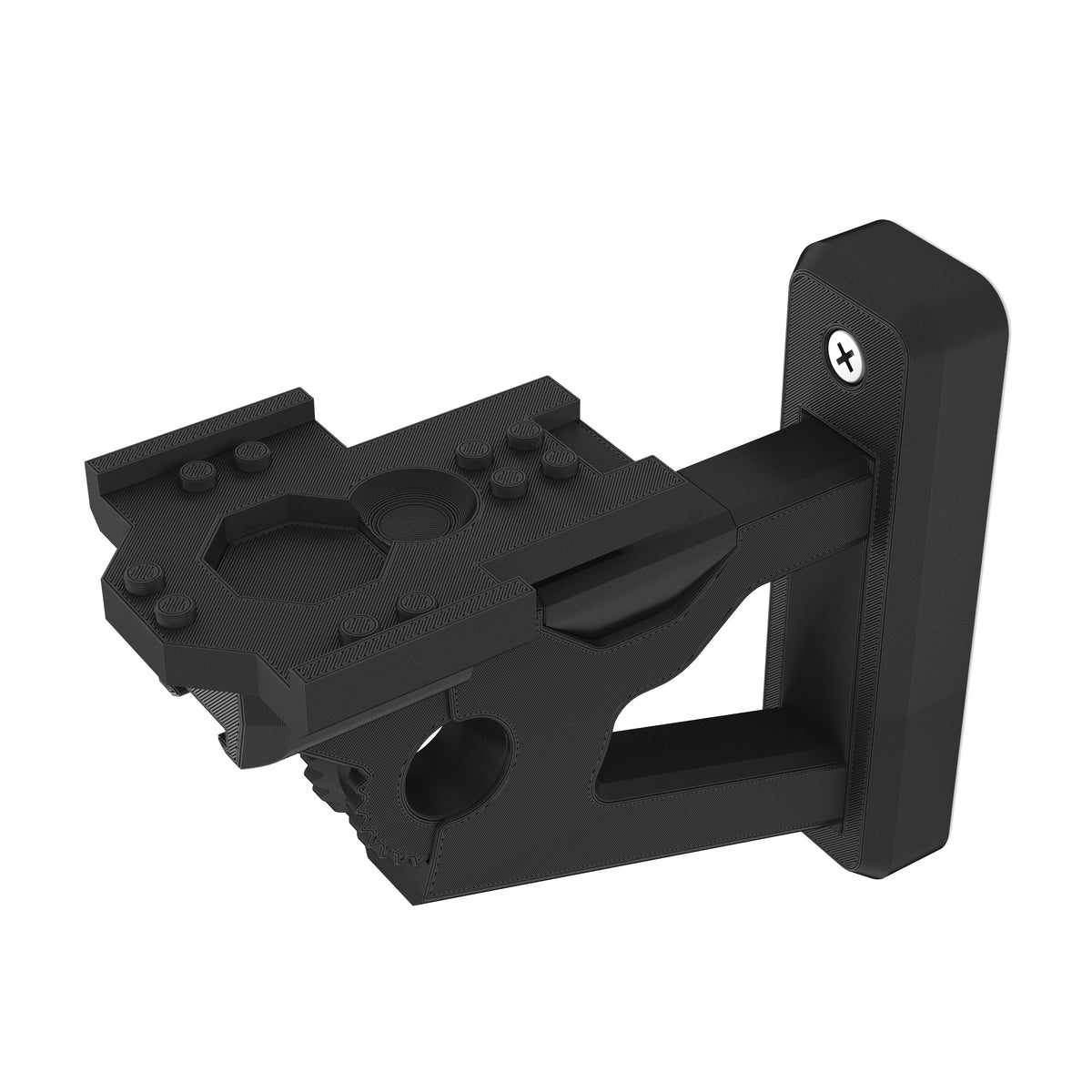 Black wall-mount bracket for the LEGO Star Wars Resistance A-Wing Starfighter 75248, seen from the other side, on white