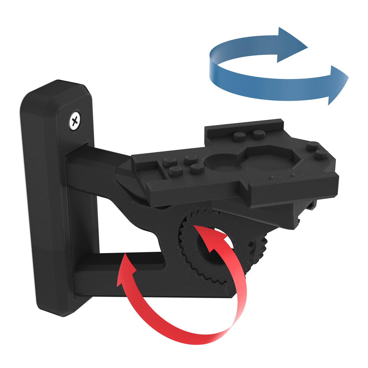 Black wall-mount bracket for the LEGO Star Wars Resistance A-Wing Starfighter 75248, with arrows showing its tilt and rotation, on white