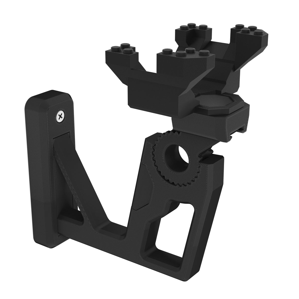 Black wall-mount bracket for the LEGO Star Wars Sith TIE Fighter 75272 with its gear hinge and stud cradle, on white