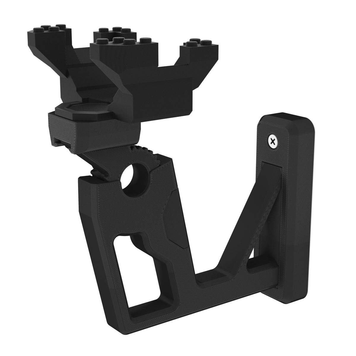 Black wall-mount bracket for the LEGO Star Wars Sith TIE Fighter 75272, seen from the other side, on white