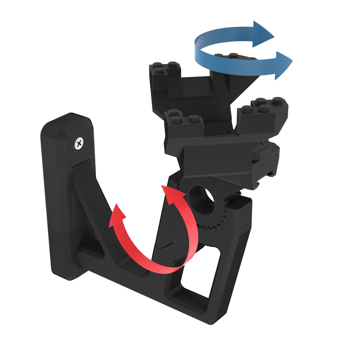 Black wall-mount bracket for the LEGO Star Wars Sith TIE Fighter 75272, with arrows showing its tilt and rotation, on white
