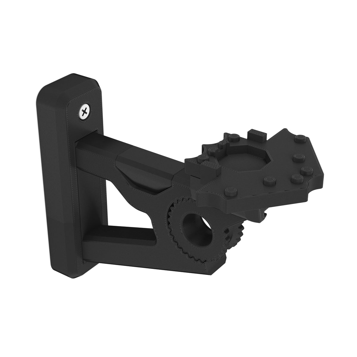 Black wall-mount bracket for the LEGO Star Wars Armored Assault Tank (AAT) 75283 with its gear hinge and stud cradle, on white