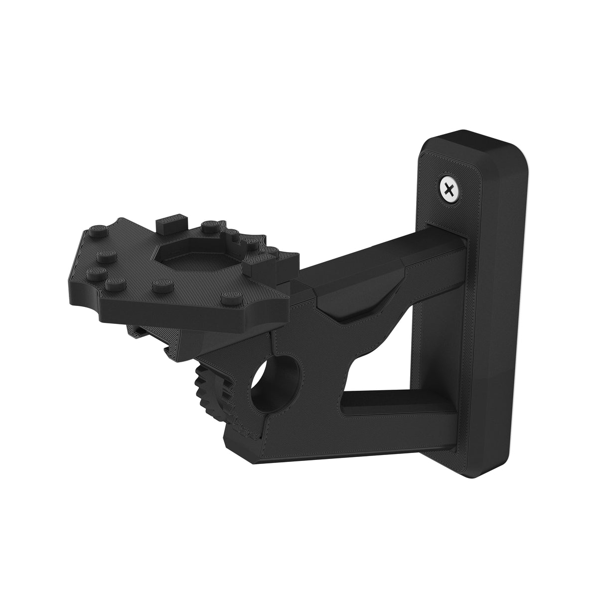 Black wall-mount bracket for the LEGO Star Wars Armored Assault Tank (AAT) 75283, seen from the other side, on white