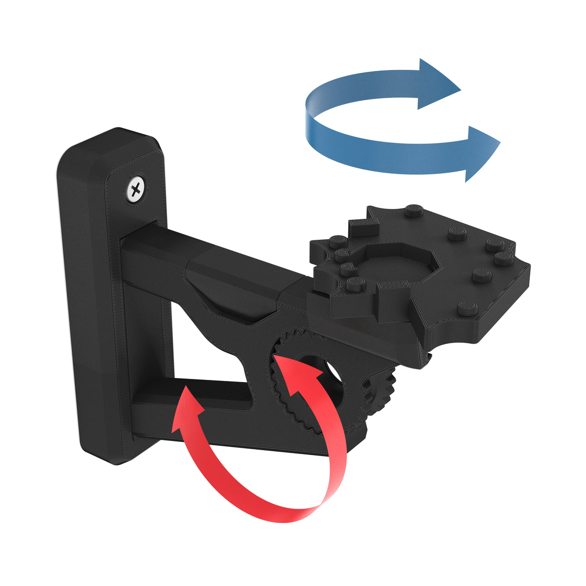 Black wall-mount bracket for the LEGO Star Wars Armored Assault Tank (AAT) 75283, with arrows showing its tilt and rotation, on white