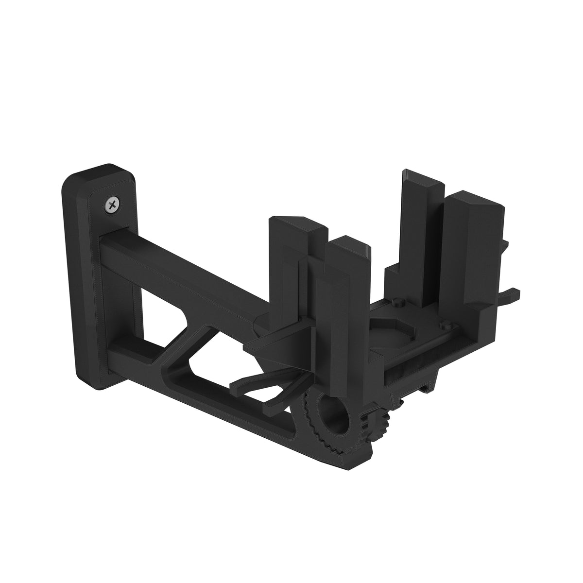 Black wall-mount bracket (far-from-wall version) from another angle, showing its gear hinge and LEGO studs, on white