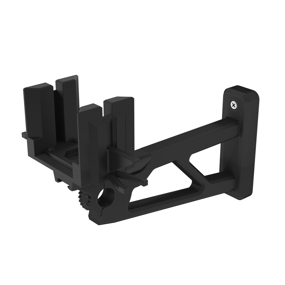 Black wall-mount bracket (far-from-wall version) with gear hinge and multiple LEGO stud attachments, on white