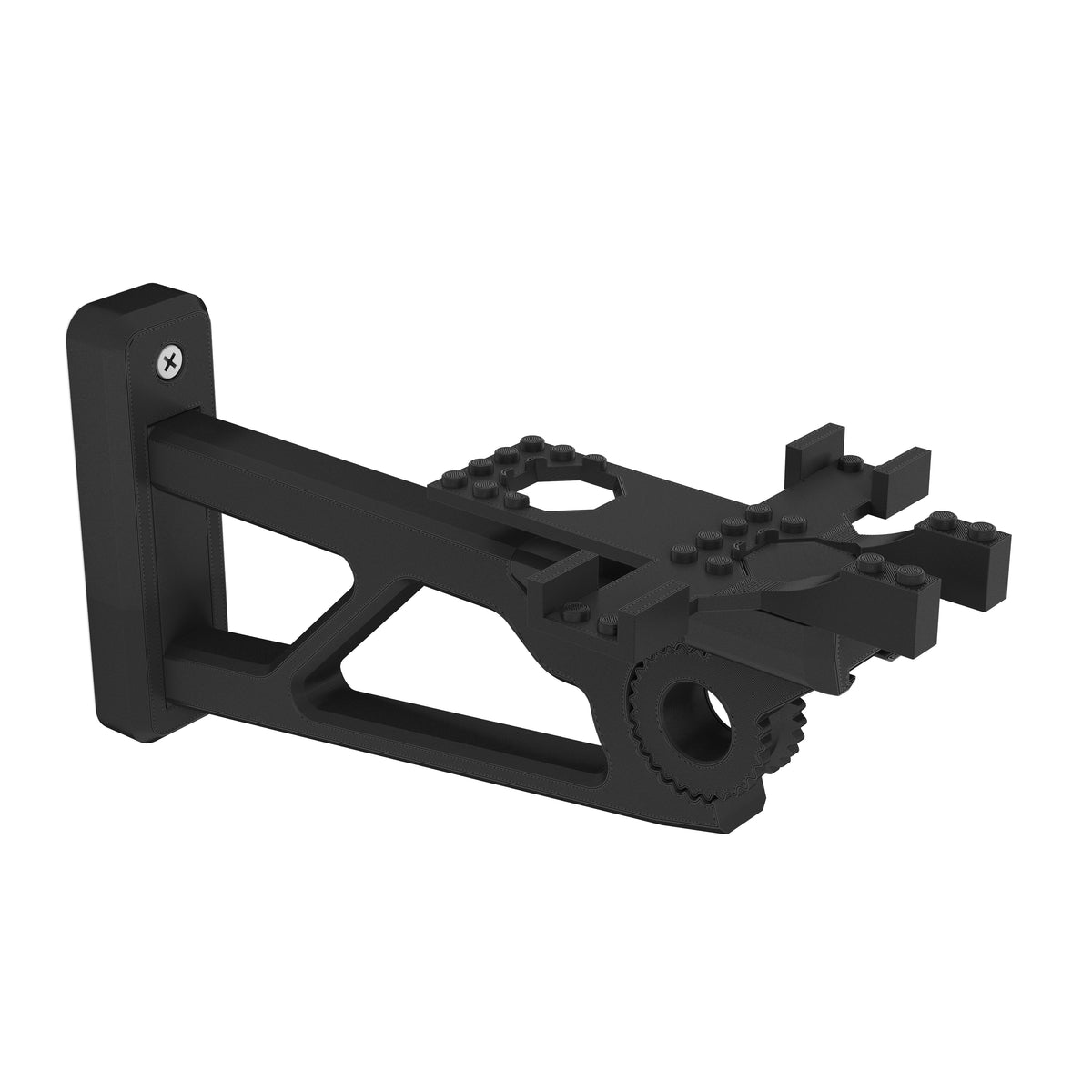 Black wall-mount bracket for the LEGO Star Wars Imperial Lambda-Class Shuttle 75459 with its gear hinge and stud cradle, on white