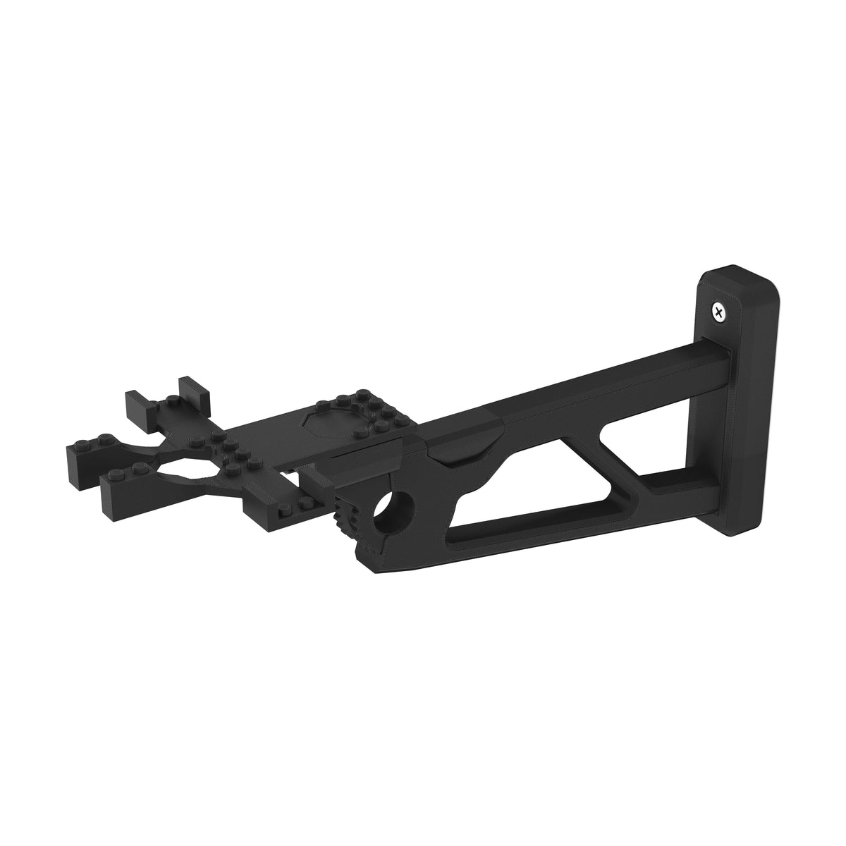 Black wall-mount bracket for the LEGO Star Wars Imperial Lambda-Class Shuttle 75459, seen from the other side, on white