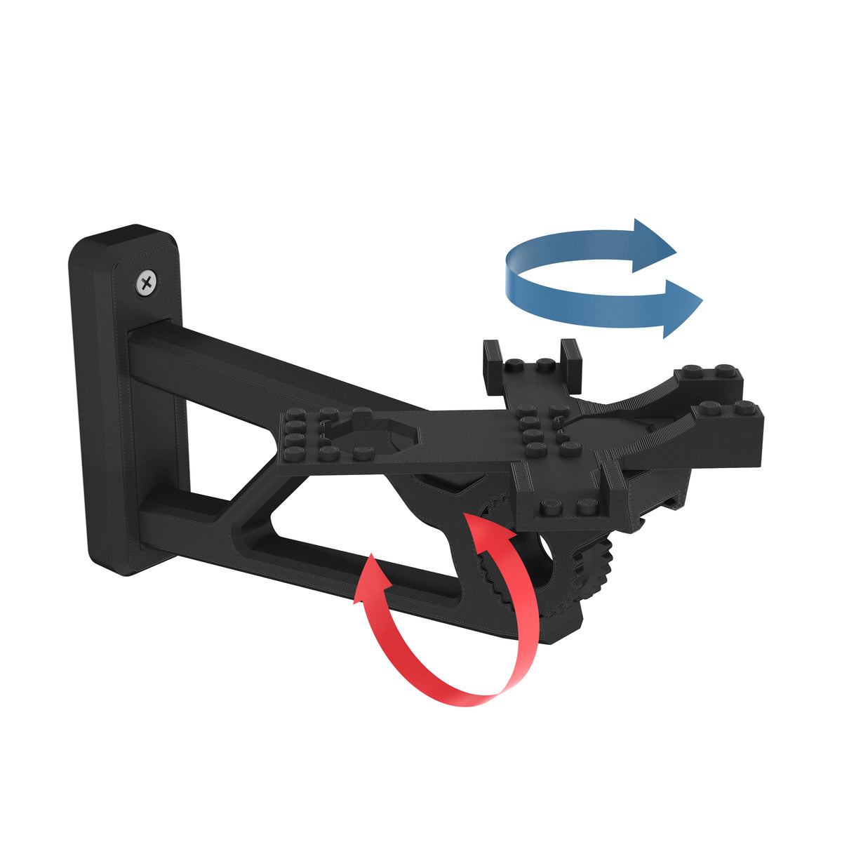 Black wall-mount bracket for the LEGO Star Wars Imperial Lambda-Class Shuttle 75459, with arrows showing its tilt and rotation, on white