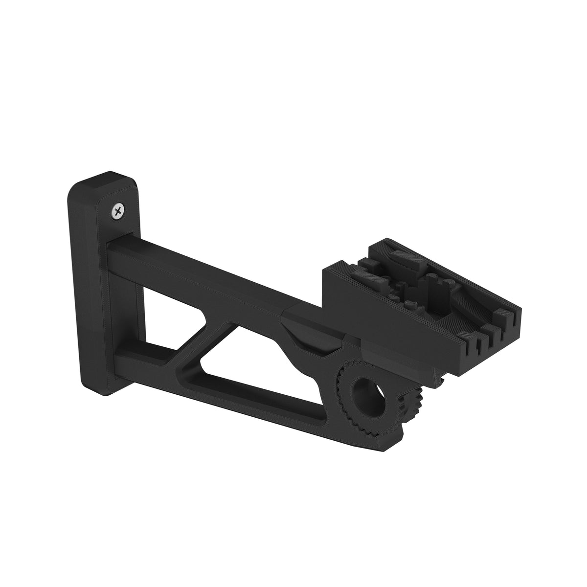 Black wall-mount bracket for the LEGO Star Wars Bounty Hunter Assault Gunship 7930 with its gear hinge and stud cradle, on white