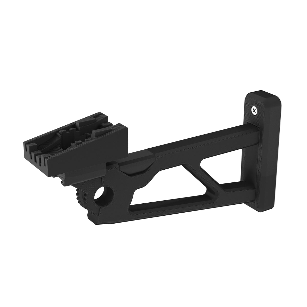 Black wall-mount bracket for the LEGO Star Wars Bounty Hunter Assault Gunship 7930, seen from the other side, on white