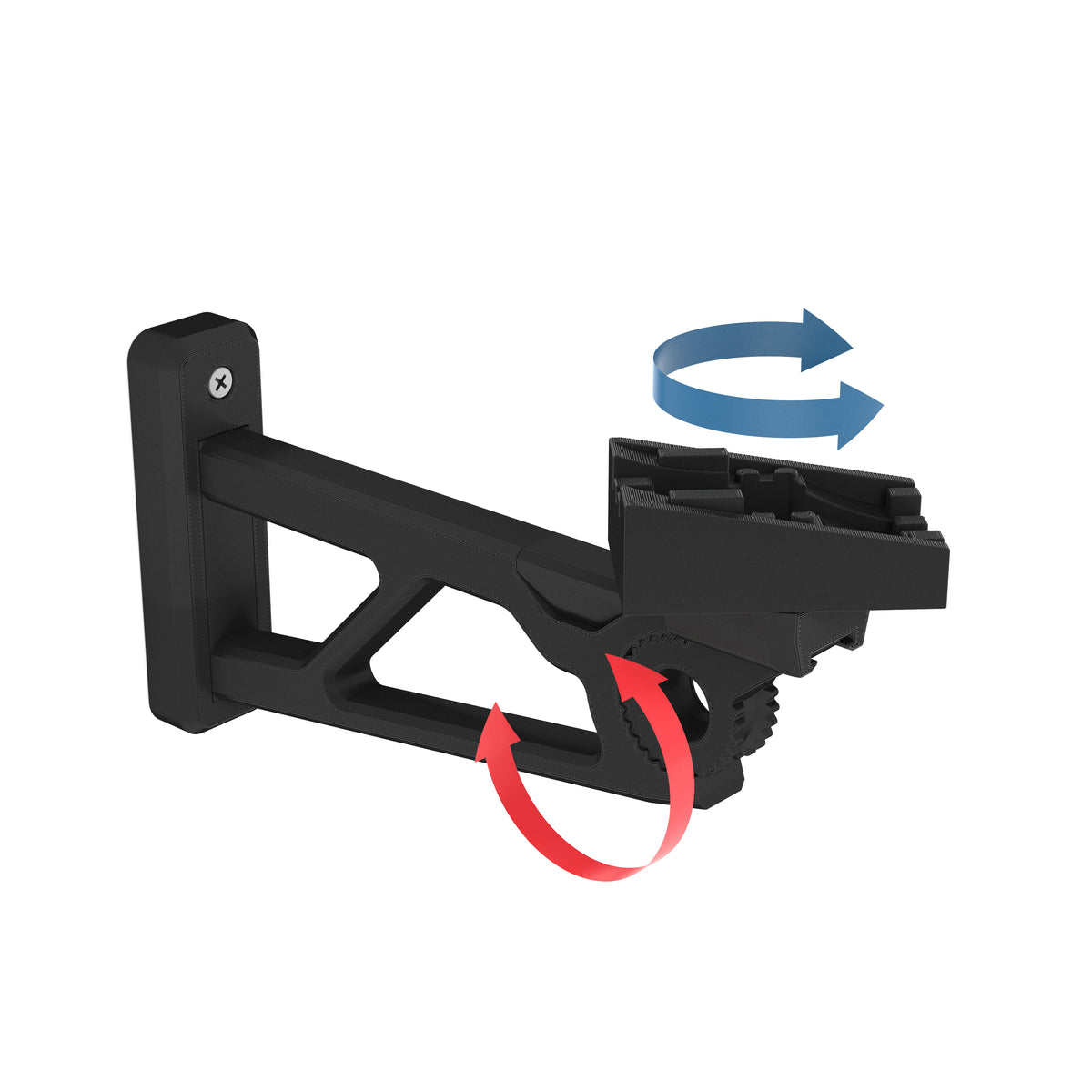 Black wall-mount bracket for the LEGO Star Wars Bounty Hunter Assault Gunship 7930, with arrows showing its tilt and rotation, on white