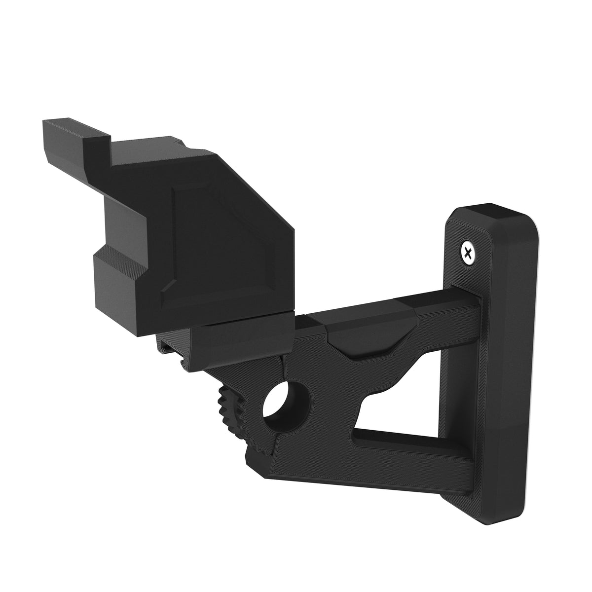 Black wall-mount bracket for the LEGO Star Wars Slave I 8097 with its gear hinge and stud cradle, on white