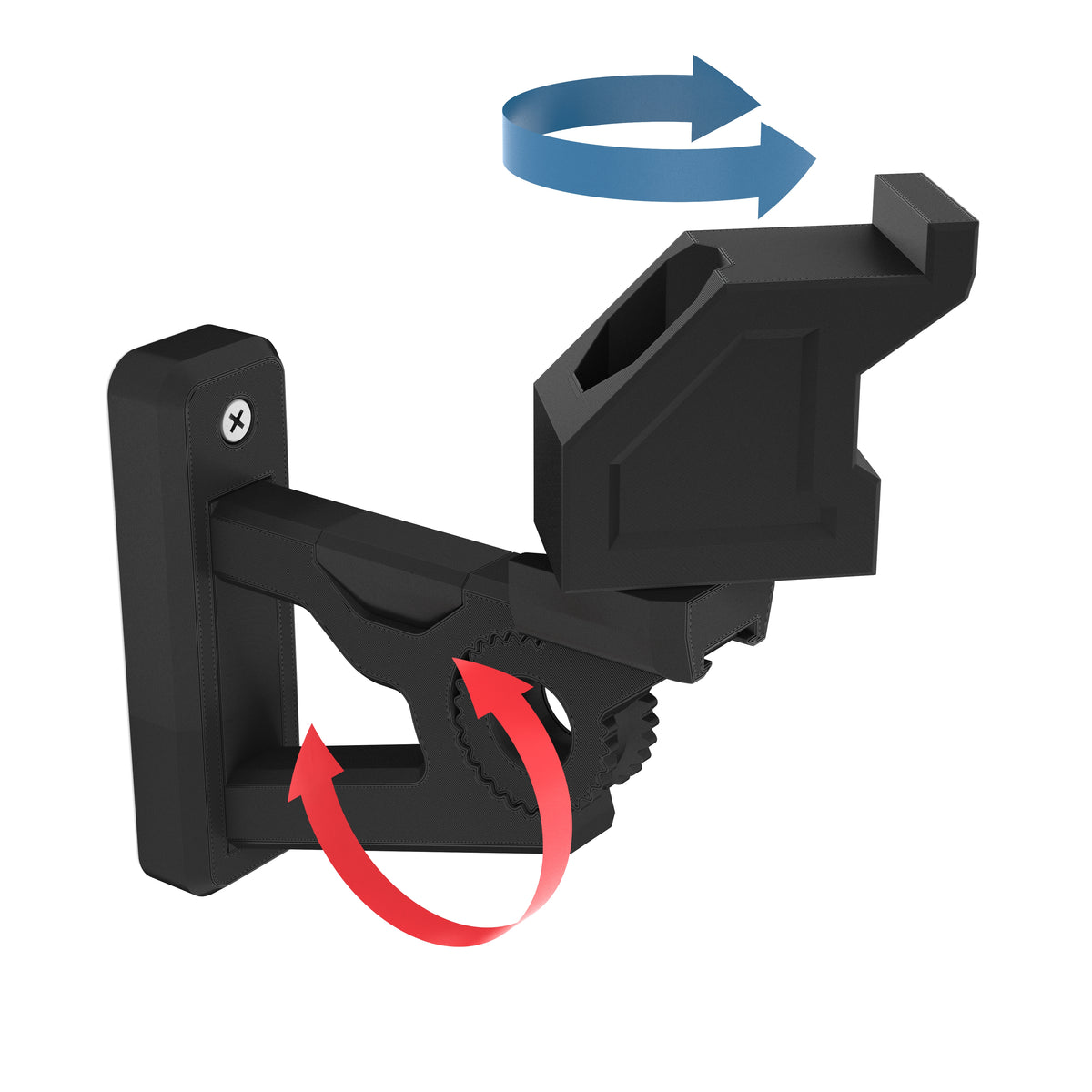 Black wall-mount bracket for the LEGO Star Wars Slave I 8097, with arrows showing its tilt and rotation, on white